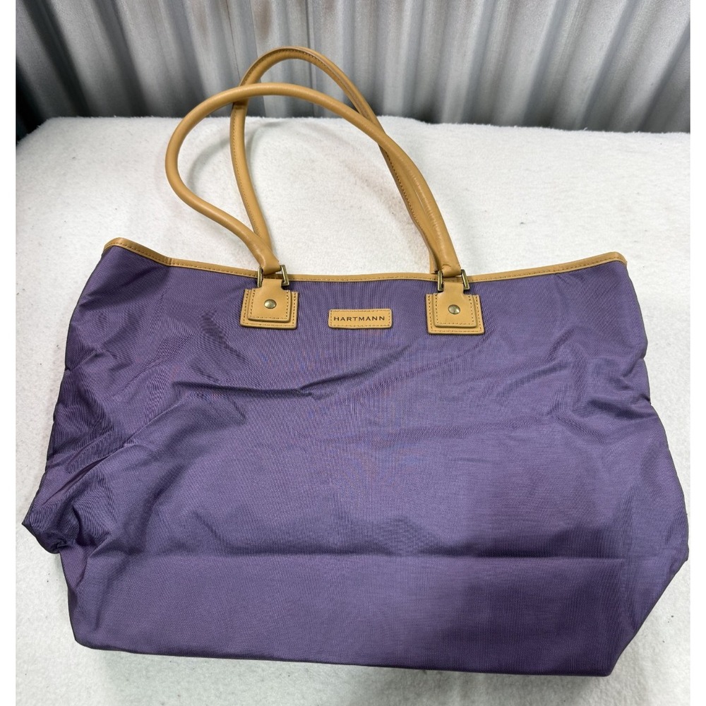 Hartmann Purple Tote Travel Bag Zips Closed Lavender Nylon w/ Tan Leather 18x13"